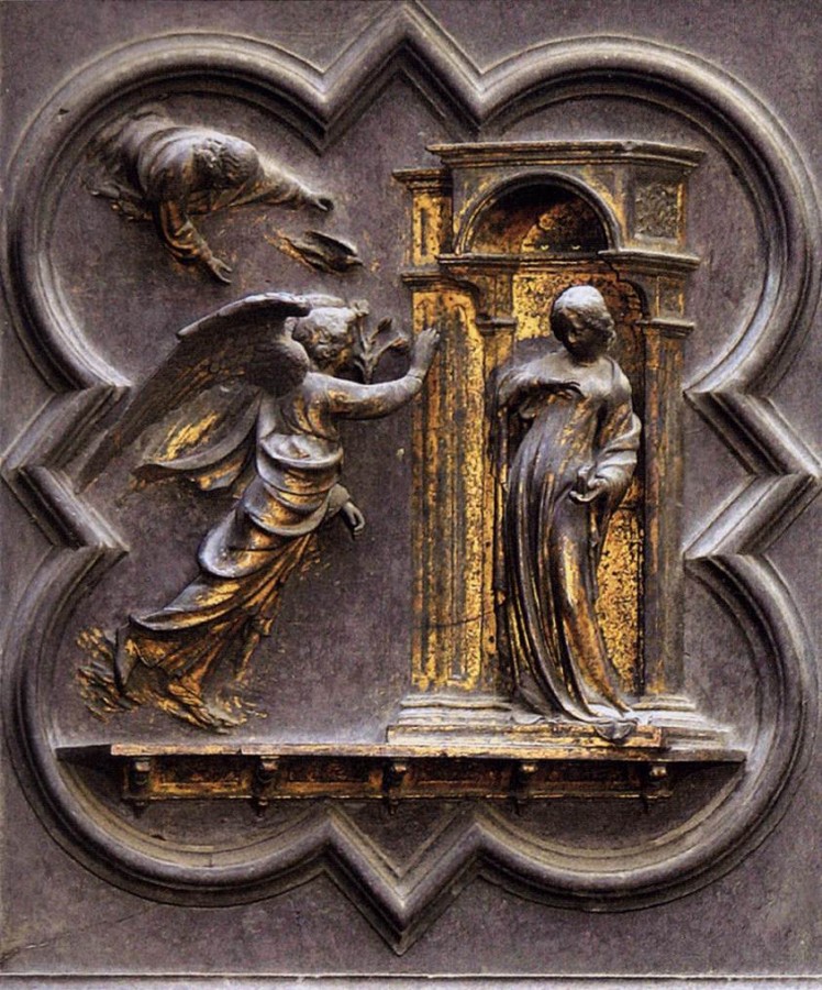 Гиберти. Благовещение. Рельеф на северной двери Баптистерия, Флоренция. 